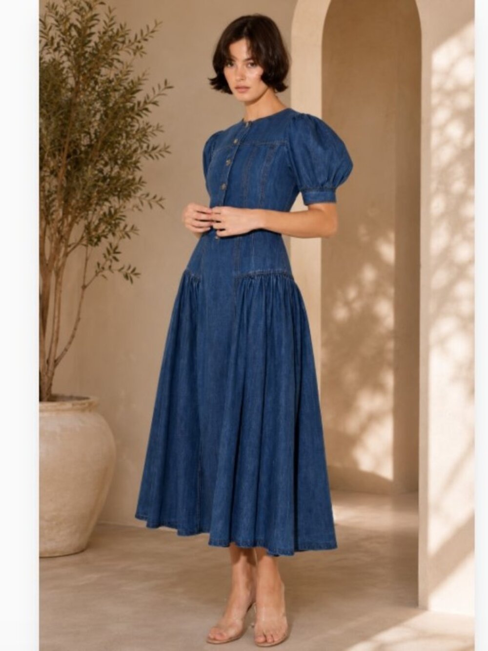 Chic Blue Denim Puff Sleeve Midi Dress